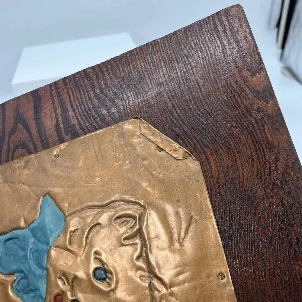 Vtg Hammered Copper Kitten Mounted on Wood Quirky Cottagecore Kitschy